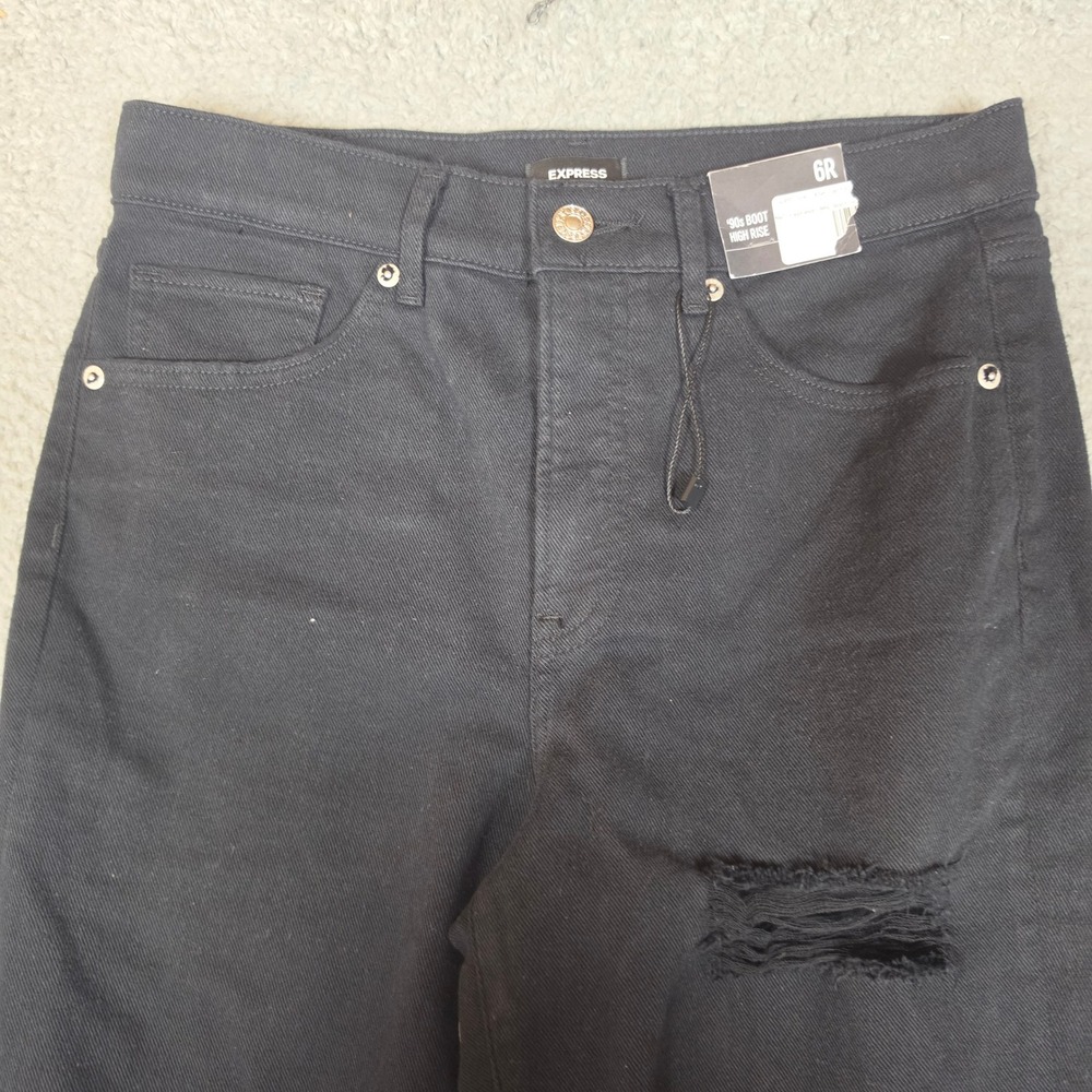 Express 90s Bootcut Jeans Womens 6R Black New High Rise Raw Hem Distressed - Picture 9 of 10